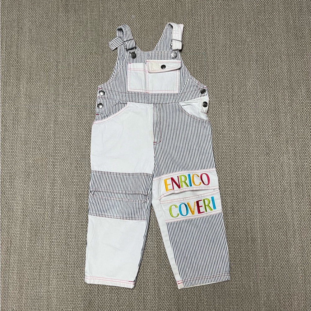 Enrico Coveri Bambino Kids Overalls with Embroidered Colorful Logo & Blue Stripe
